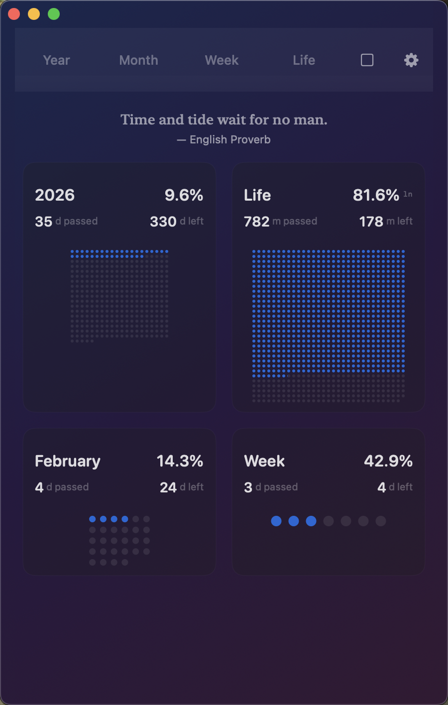 Time, Left app: year, month, week and life progress overview